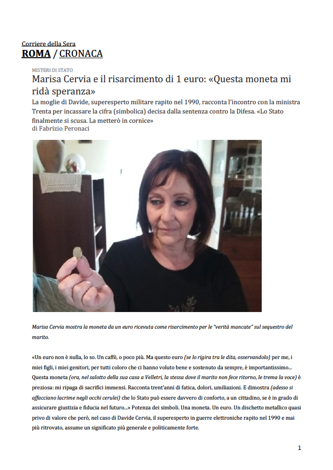 Marisa Cervia e il risarcimento di 1 euro