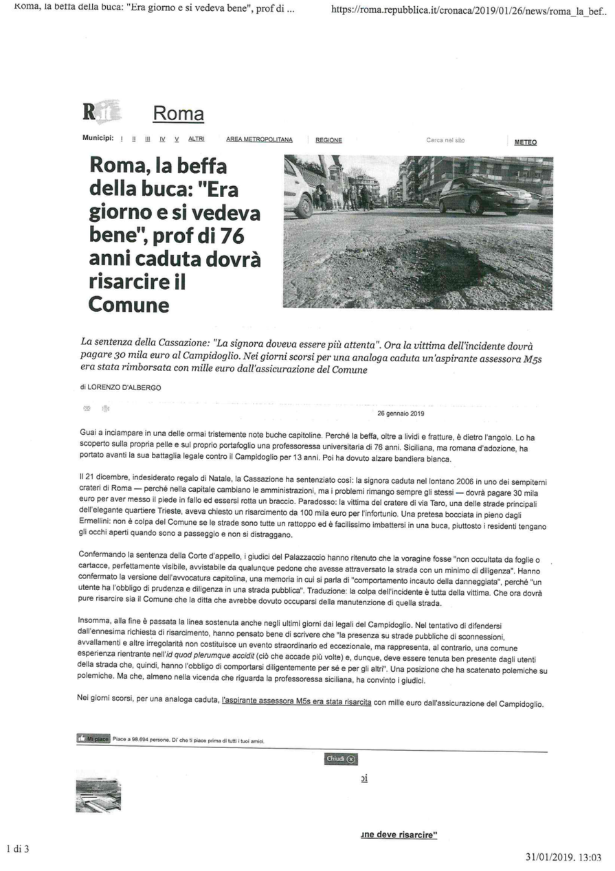 Articolo Repubblica su buche di Roma